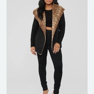Fashion Nova Black Cardigan with Leopard Print Trim